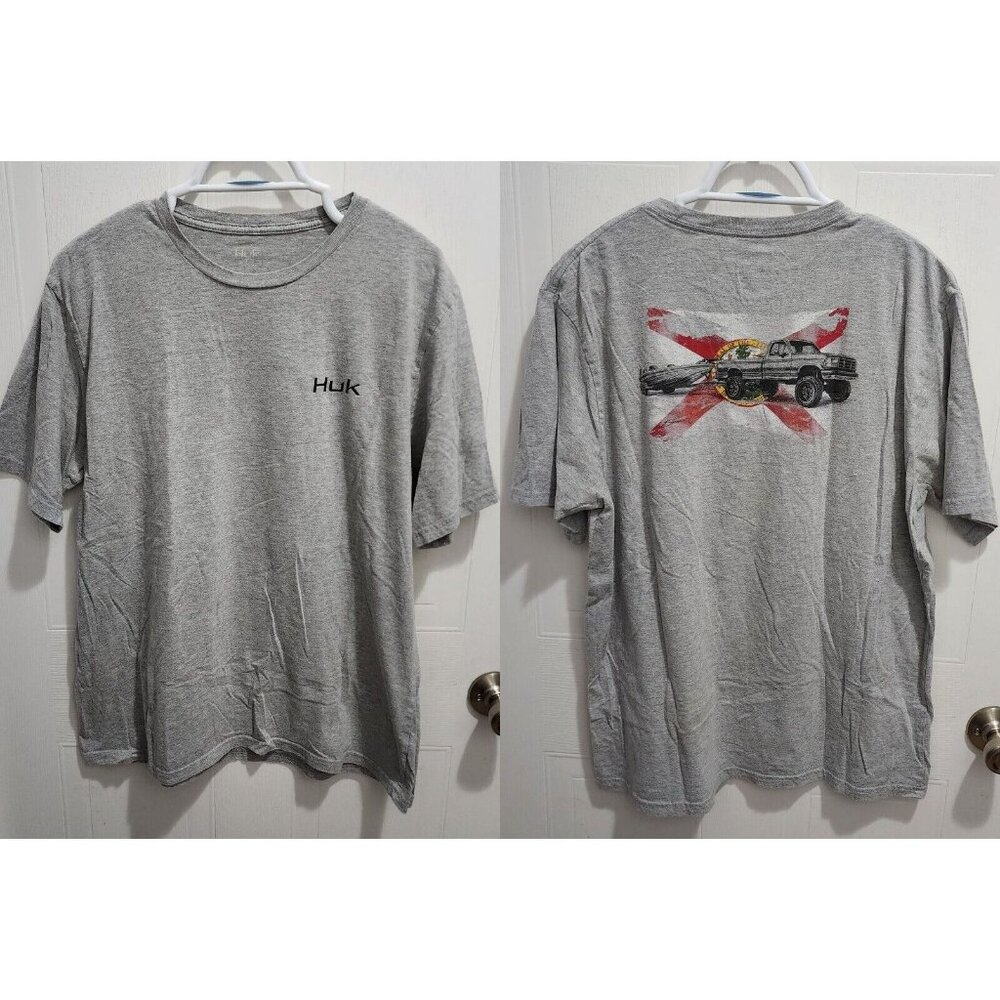 Huk Gray K. Scott Florida Flag Boating Fishing Truck Graphic T‎ Shirt Size Large